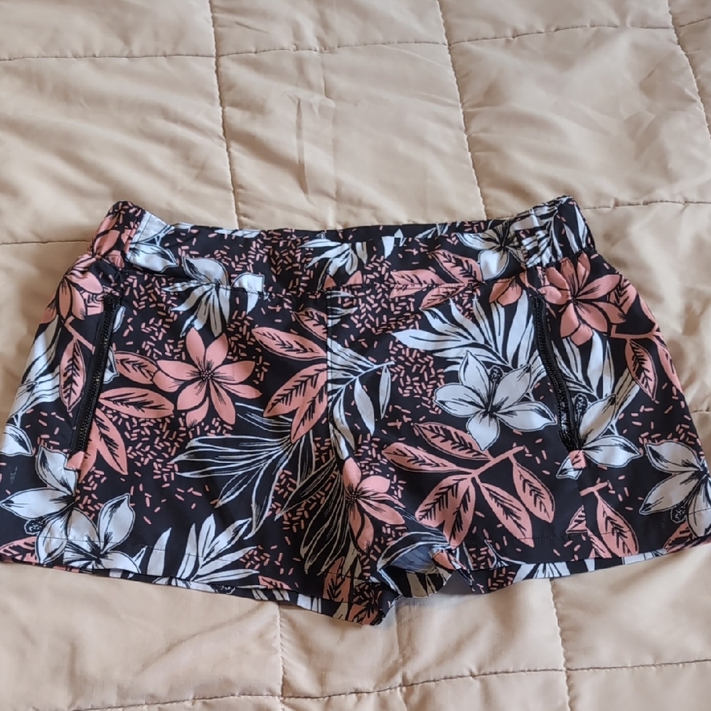 Reel Legends Black and Pink Floral Women's Athletic Shorts